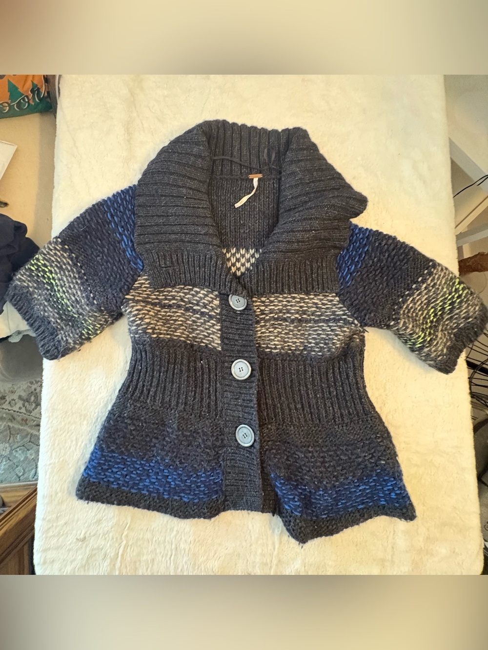 Free People Marled Shawl Collar Chunky Cardigan in Dark Gray, Blue & Cream